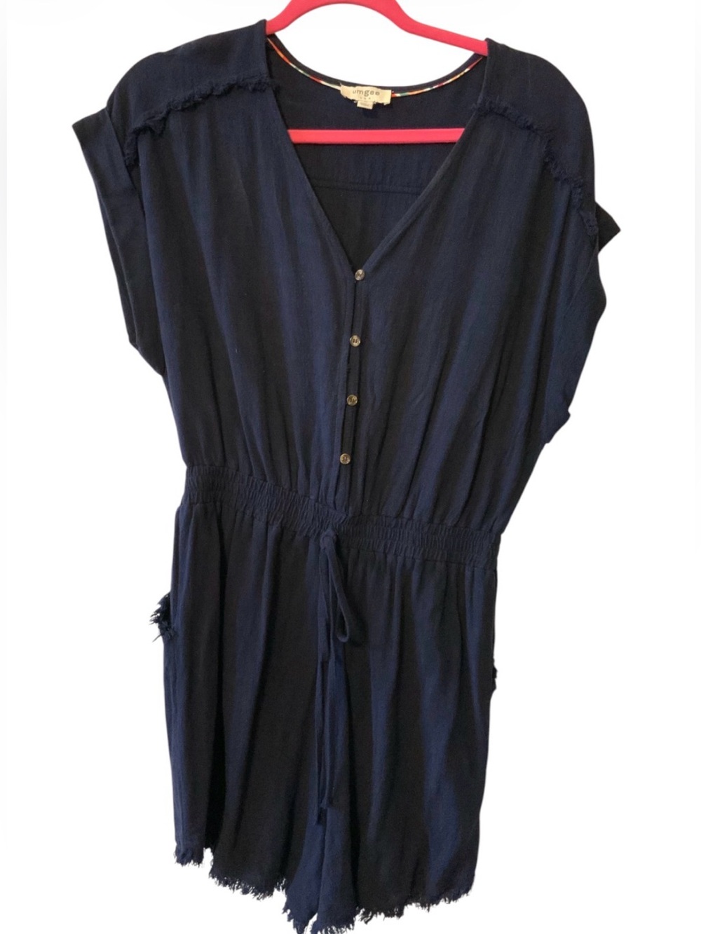 Umgee Navy Button-Front Short Sleeve Romper with Drawstring Waist. Size Medium